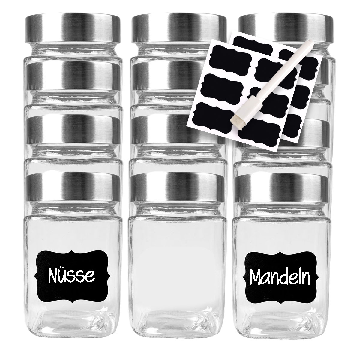 12x Vorratsgläser 300ml mit Deckel inkl. Etiketten & Stift