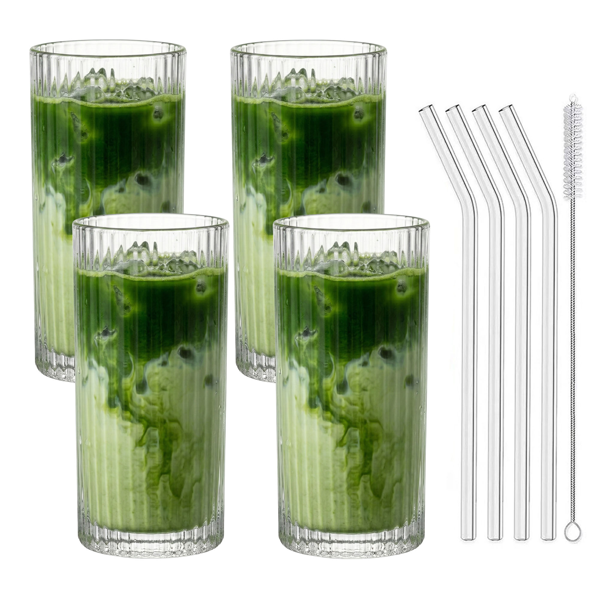 4er Set Geriffelte Trinkgläser 370ml inkl. Glashalme und Reinigungsbürstchen