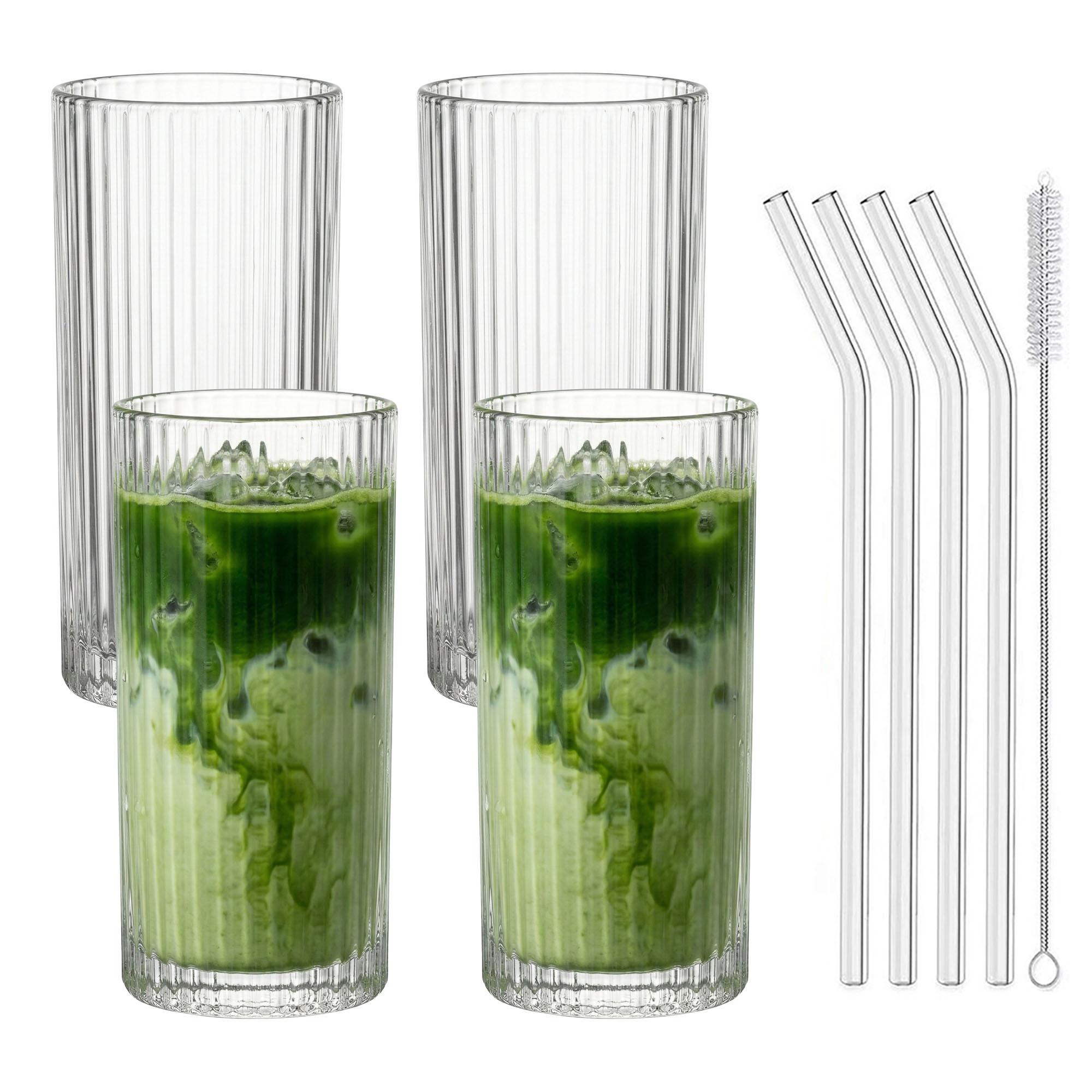 4er Set Geriffelte Trinkgläser 370ml inkl. Glashalme und Reinigungsbürstchen