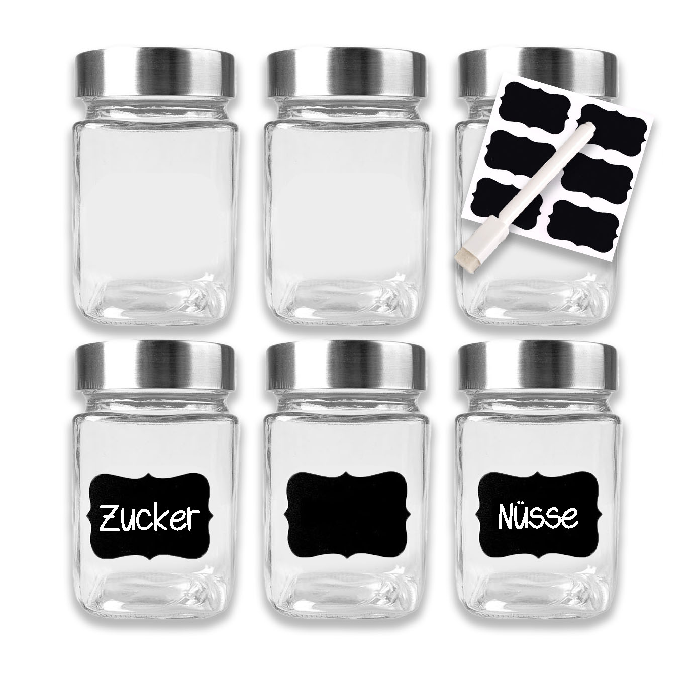 6x Vorratsgläser 300ml mit Deckel inkl. Etiketten & Stift 
