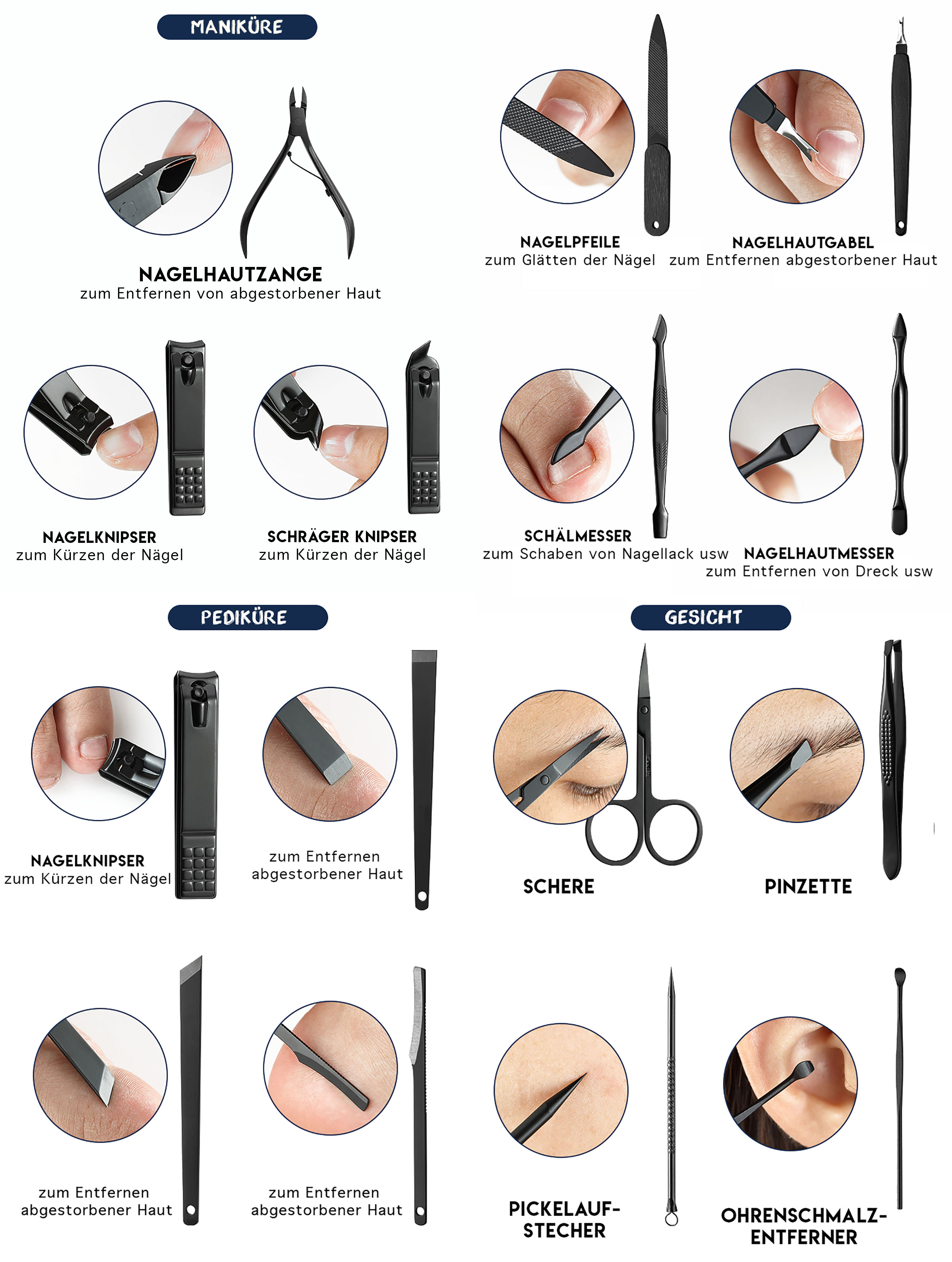 15tlg Maniküre Pediküre Set 3 in 1 Nagelknipser Nagelpflege Edelstahl Nageletui