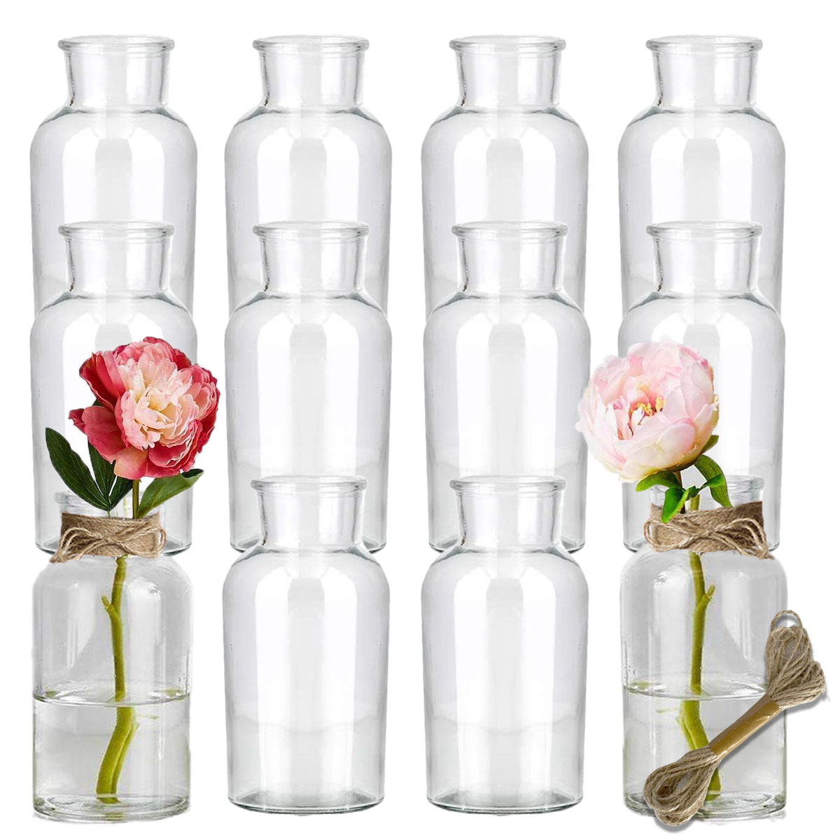 12x runde mini Glasvasen 10cm inkl. Juteschnur Hochzeitsdeko Tischdeko Blumenvase Väschen