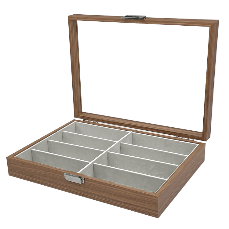 Holz Brillenkoffer für 8 Brillen mit Deckel aus Glas