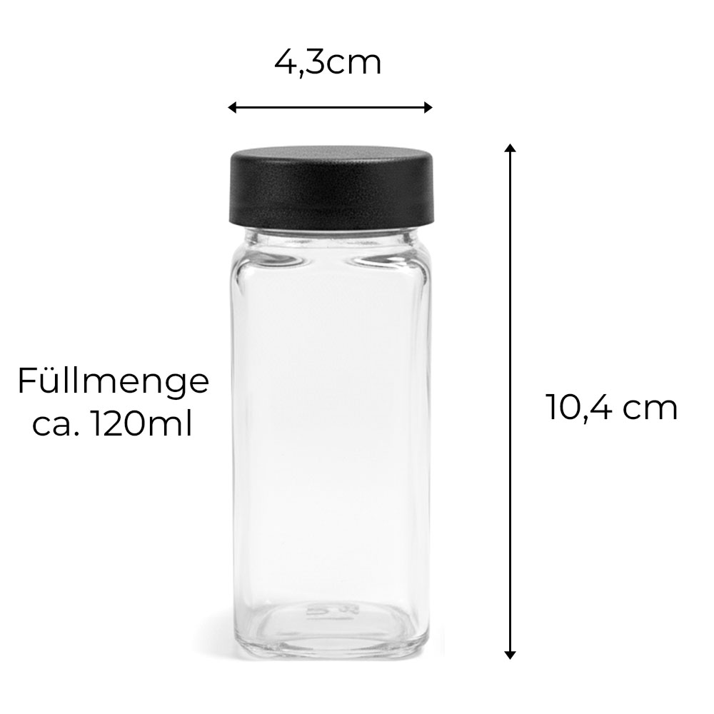 24x Gewürzgläser Schwarze Deckel inkl. 240x Etiketten, 30x Streueinsätze, 1x Edelstahl Trichter, 1x Reinigungsbürstchen