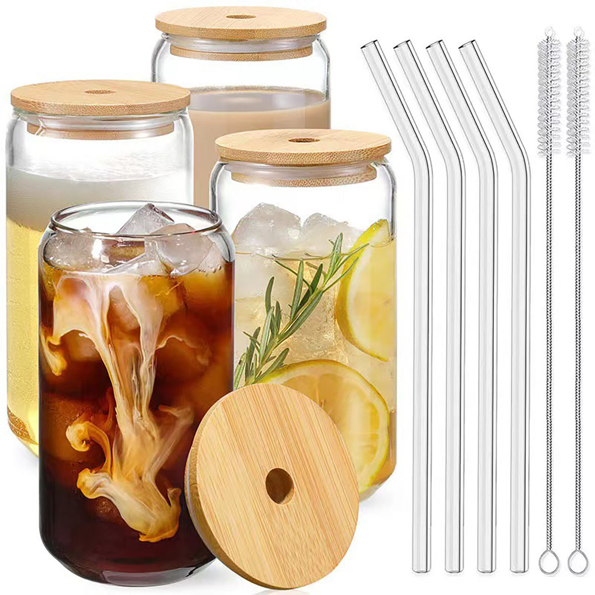 4er Set 500ml Trinkgläser mit Bambusdeckel inkl. Glashalme und Reinigungsbürstchen