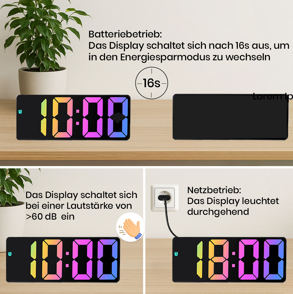Moderner Digitaler LED Wecker mit Schlummerfunktion große bunte Zahlen