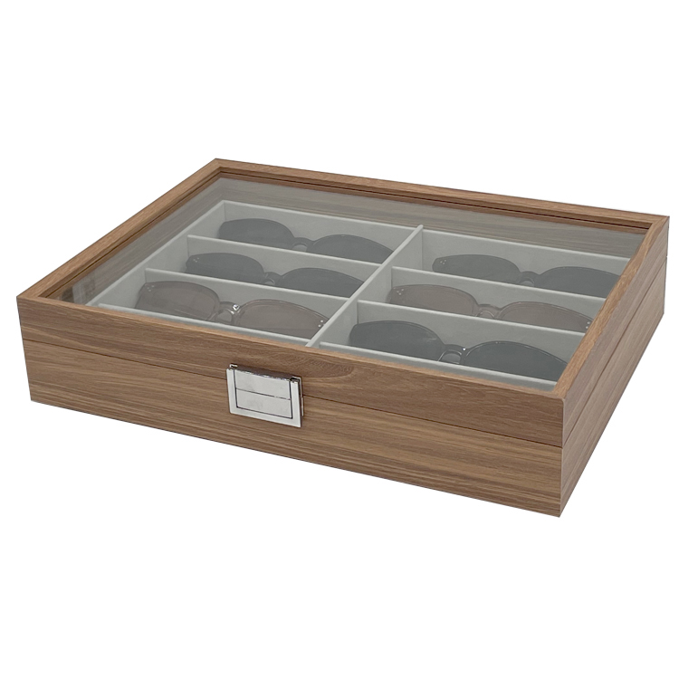 Holz Brillenkoffer für 8 Brillen mit Deckel aus Glas