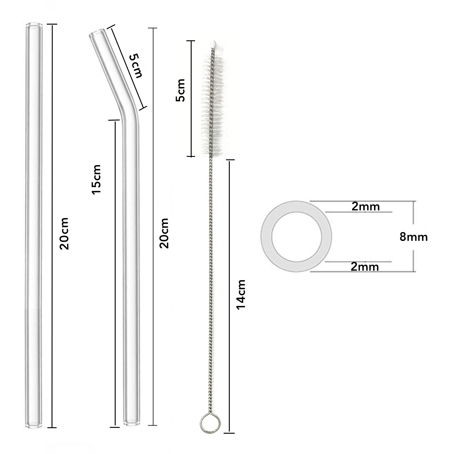 12er Set Glas Trinkhalme Strohhalme wiederverwendbare Glasstrohhalme Bürstchen