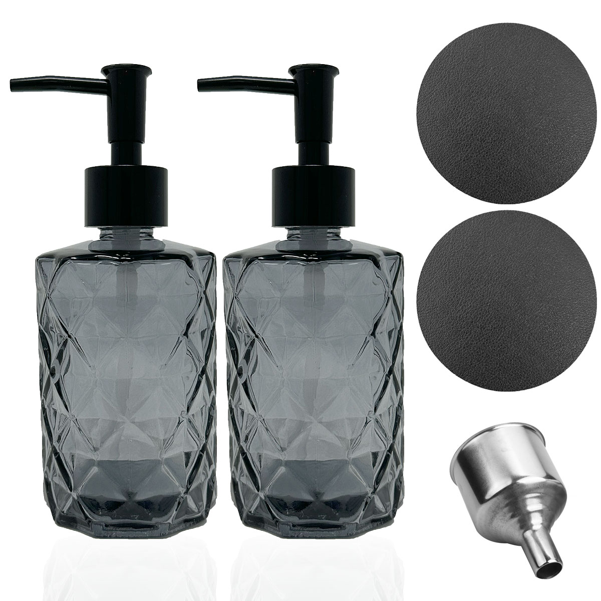 2er Set Glas Seifenspender Schwarz inkl. 2x Untersetzer, 1x Trichter
